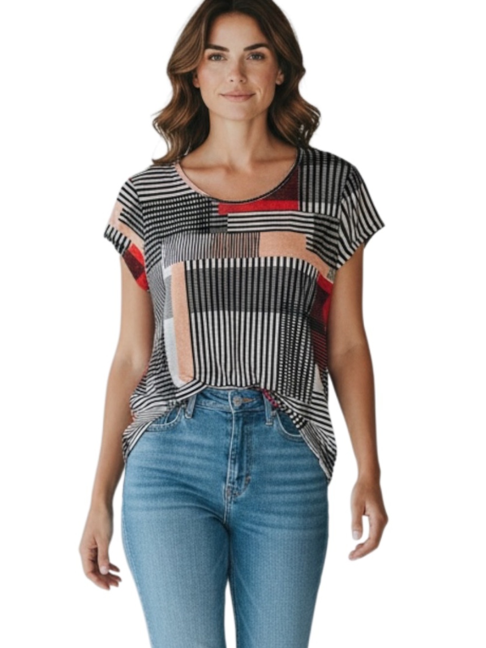 Daisy Fuentes Black, Red & Peach Geo-Block Short Sleeve Top